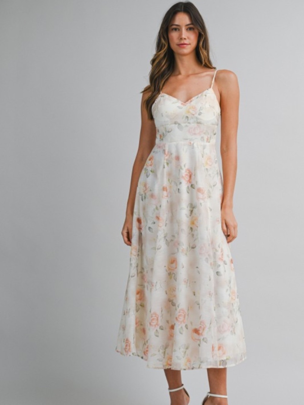 Floral Print Spaghetti Adjustable Strap Midi Dress